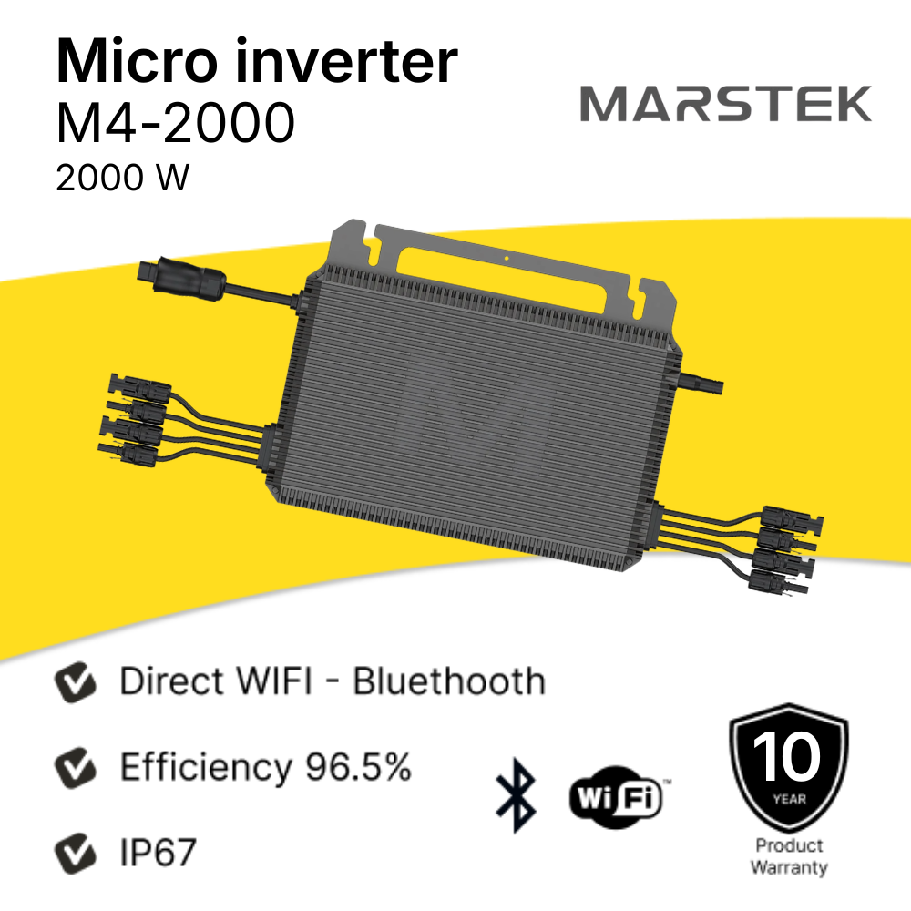 Marstek micro inverter M4-2000 with features listed on a yellow and white background