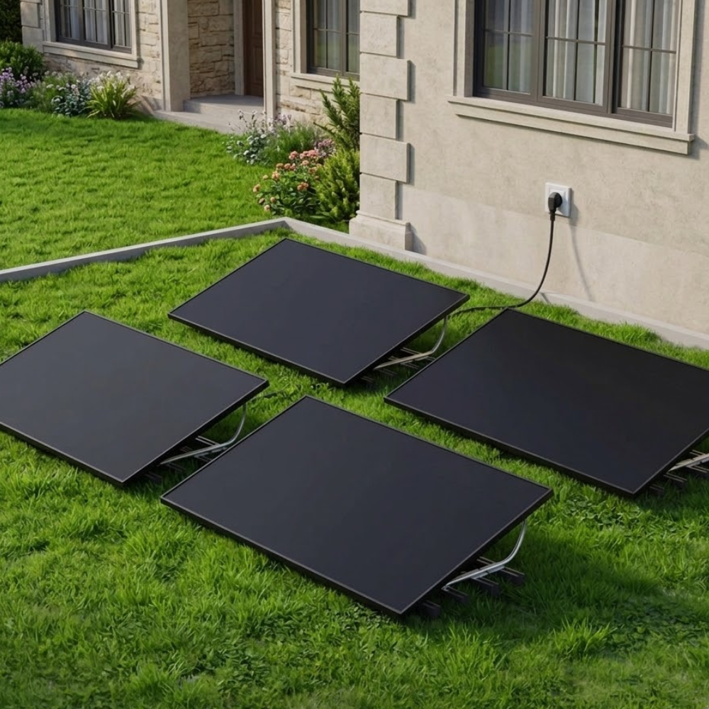 Solar panels on grass in front of a house