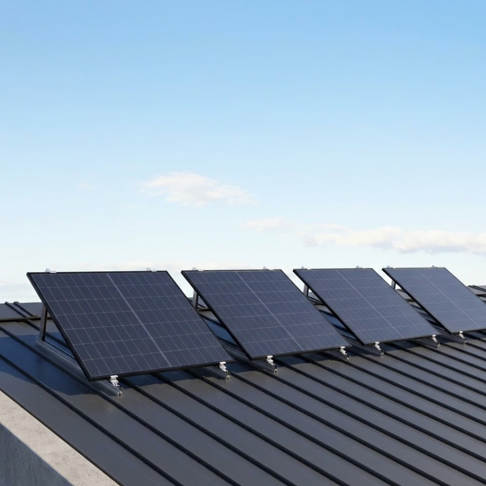 Solar panels on a metal roof with a clear blue sky