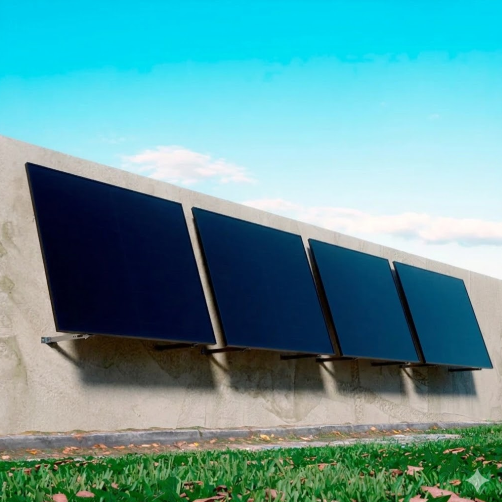 Four solar panels mounted on a wall with a clear blue sky in the background.