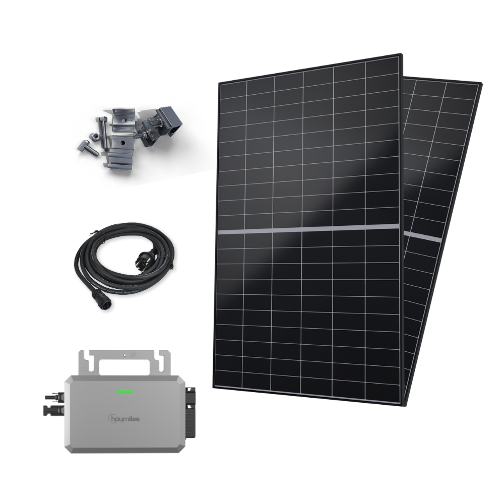 Solar panel system with battery, cables, and mounting hardware on a white background