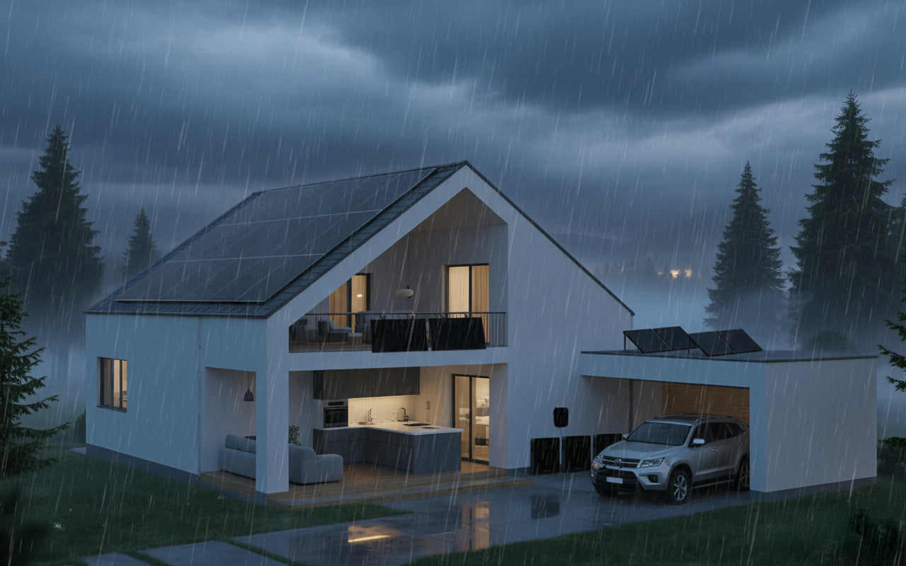 Modern house with plugin solar kit and storage during a stormy night.